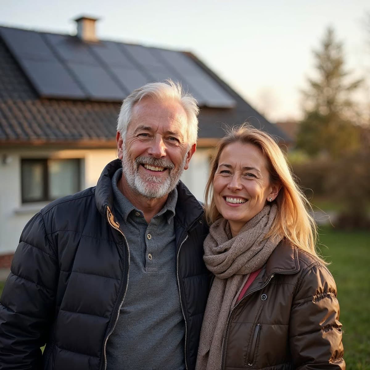 Zufriedene Hausbesitzer vor ihrem Haus mit Solaranlage